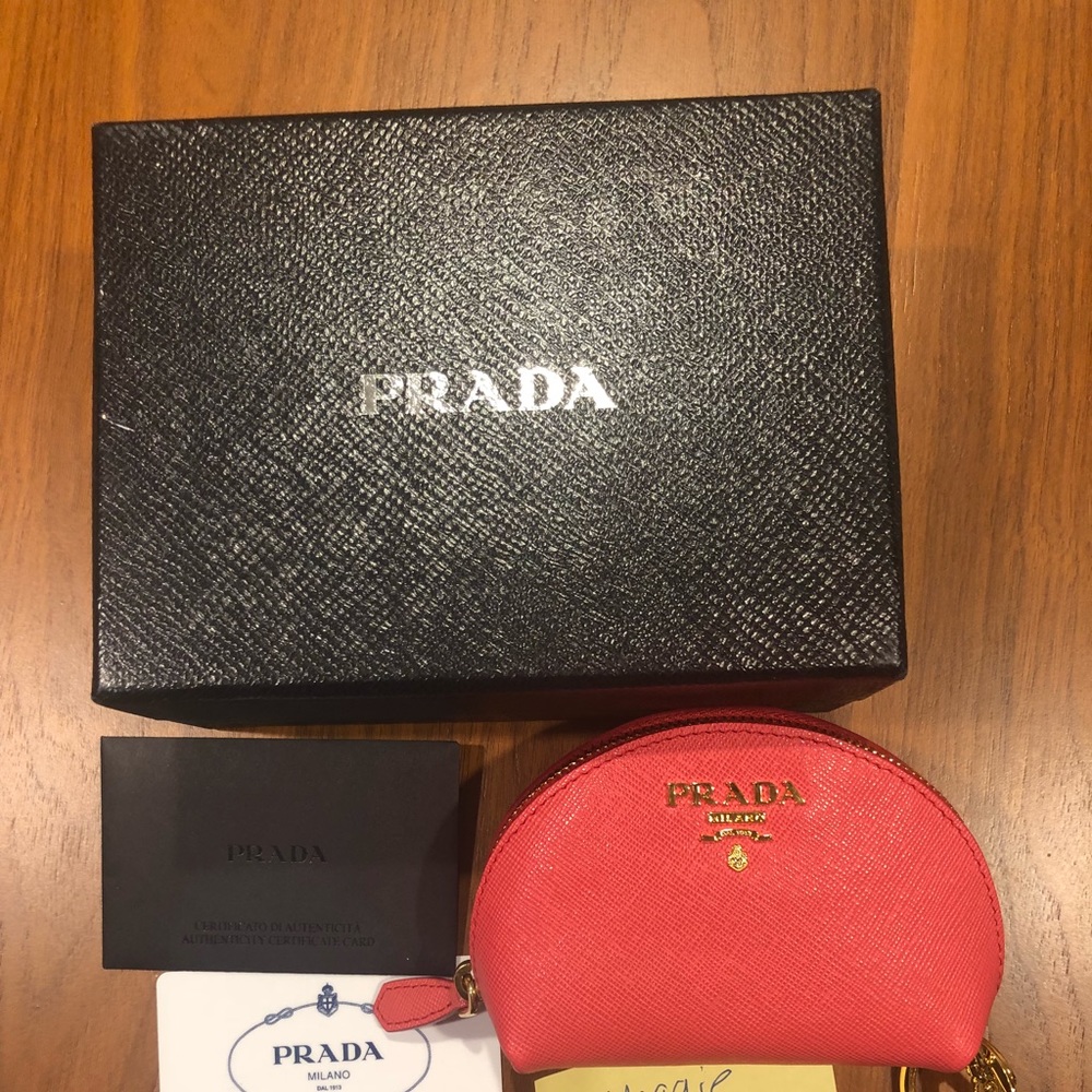Prada coral pink saffiano leather pouch with box